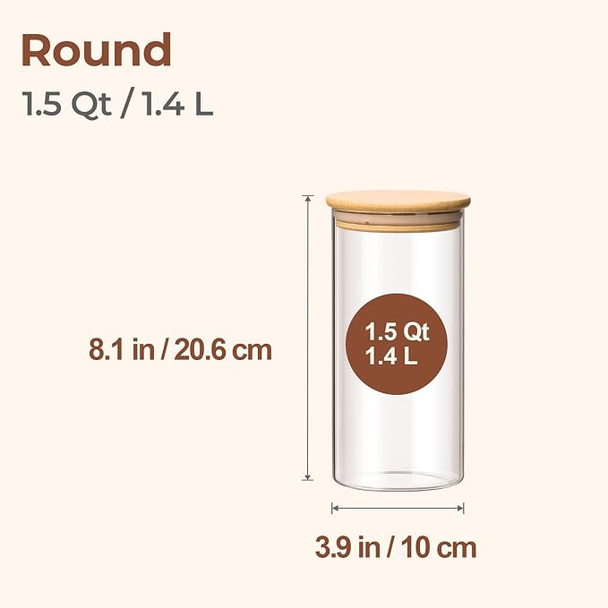 ComSaf Glass Storage Containers wtih Lids 1.5 Qt, Set of 3 Food Storage Jar | Glass Containers with Bamboo lids, Glass Canisters 45oz, Kitchen Cabinet Storage, Tea, Spice, Coffee, Dry Food, BPA Free