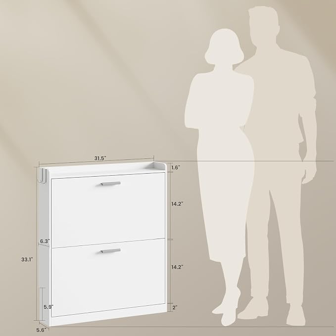 Shoe Cabinet Organizer with 2 Flip Drawers,Narrow Shoe Rack 31.5" W White | Freestanding shoe storage cabinet for entryway,foyer and hallway,space-saving flip drawers,Adjustable Shelves & 2 Hooks