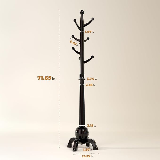 Coat Rack Freestanding with 8 Hooks, Wooden Coat Tree, Black | Coat Hanger Stand Heavy Duty with Stable Base, Hall Tree for Entryway Hallway Bedroom Office, 240lbs Load Capacity H:71.7in
