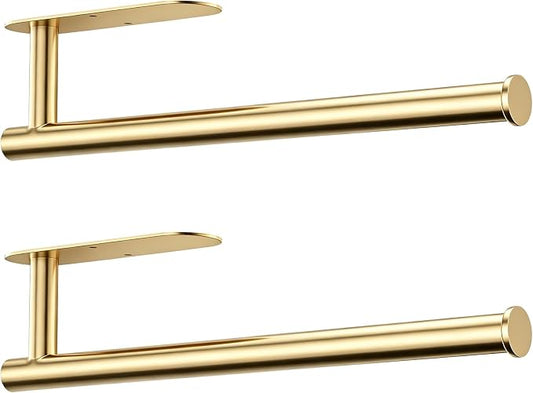 Paper Towel Holder, 2-Pack US304 Stainless Steel Wall Mount Rack, Self-Adhesive No Drilling, Rustproof Space Saving Under Cabinet Mount, Organizer for Kitchen, Bathroom, RV, Pantry (Gold)