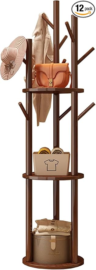 YYW Multifunctional Wood Coat Rack Stand With 9 Hooks And 3 Shelves | Free Standing Organizer For Jackets, Hats, Shoes, Perfect For Bedroom, Hallway, Small Space