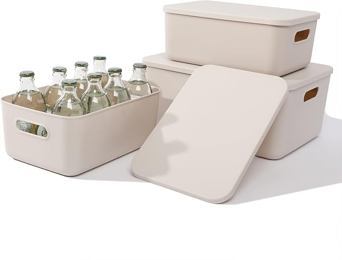Yishyfier Plastic Storage Baskets With Lid Organizing Container Lidded Knit Storage Organizer Bins for Shelves Drawers Desktop Closet Playroom Classroom Office (M+2S, Light grey)