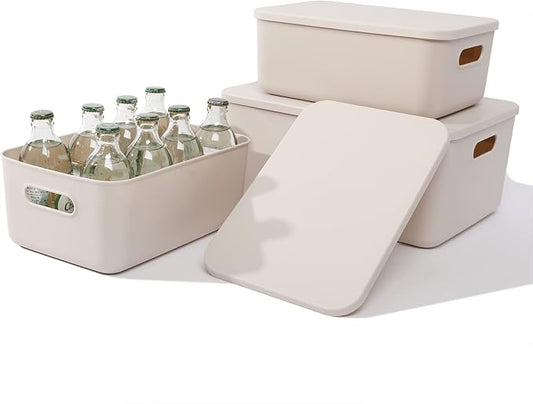 Yishyfier Plastic Storage Baskets With Lid Organizing Container Lidded Knit Storage Organizer Bins for Shelves Drawers Desktop Closet Playroom Classroom Office (M+2S, Light grey)