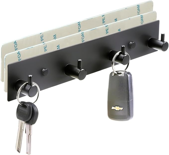Key Hooks for Wall, Key Holder for Wall with 2 Self-adhesive Tapes, Black | No Damage Self Adhesive Key Holder Rack for Wall with 4 Key Hooks for Entryway, Door, Bathroom, Kitchen