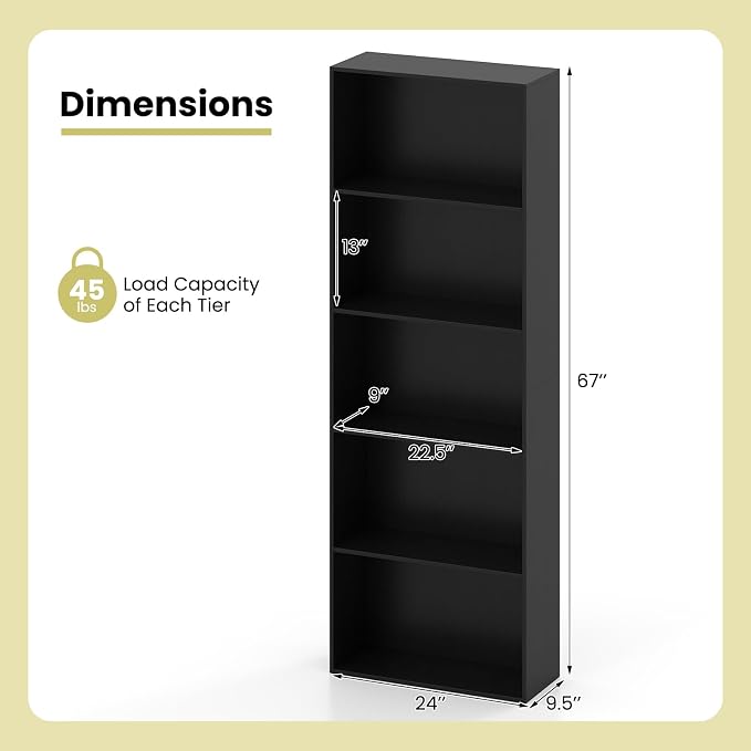 Giantex 5-Tier Bookshelf, Freestanding Bookcase with 5 Open Shelf, Modern Display Shelf, Storage Organizer for Living Room Bedroom Home Office, Black
