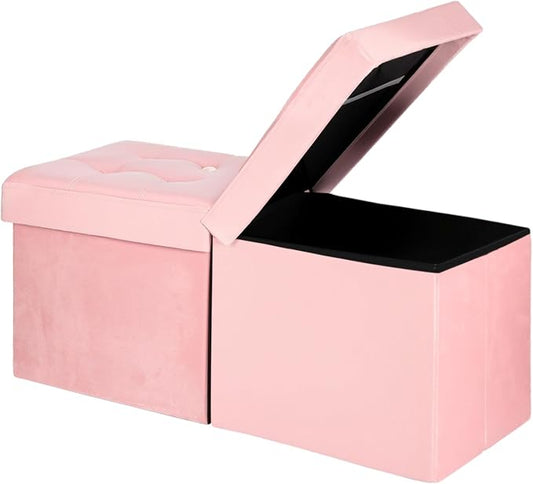 AmasSmile Footrest Ottoman Storage Bench, 34" Velvet Folding Stool, Pink | Large Ottoman with Storage, Thicker Foam Padded Seat, Livingroom, Dorm, Bedroom, Entryway, Easy to install, 34 x 13 x 13in