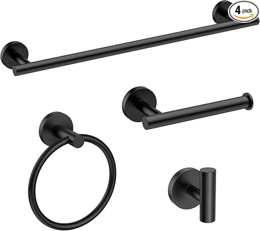 USHOWER 4PCS Matte Black Bathroom Accessories Set, 24-Inch Towel Bar Set | Durable SUS304 Stainless Steel Bathroom Hardware Set, Towel Racks for Bathroom Wall Mounted, Modern Home Decor