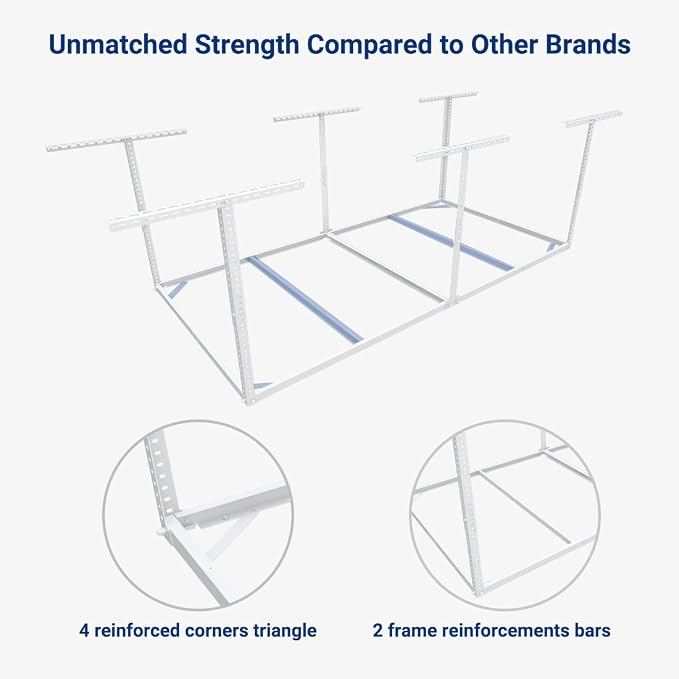 FLEXIMOUNTS 4x8 Overhead Garage Storage Rack, Without Decking, White | 600 lbs capacity, Adjustable height, Heavy-duty steel, Ceiling mounted, Garage organization, Lite Series