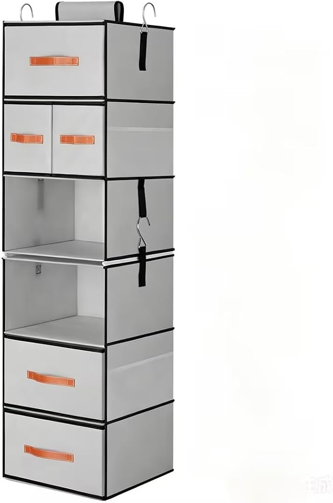 Hanging Closet Organizer 6-Shelf, Upgrade Closet Organizers and Storage with 5 Removable Drawers & 4 Side Pockets, Hanging Shelf Organizer for Bedroom or Garment Rack, 12.6'' x 12.6'' x 44.1'', Gray