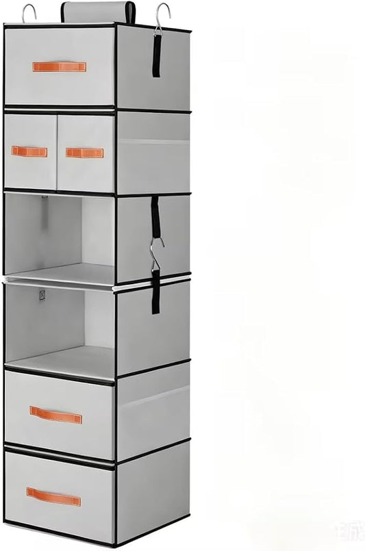 Hanging Closet Organizer 6-Shelf, Upgrade Closet Organizers and Storage with 5 Removable Drawers & 4 Side Pockets, Hanging Shelf Organizer for Bedroom or Garment Rack, 12.6'' x 12.6'' x 44.1'', Gray