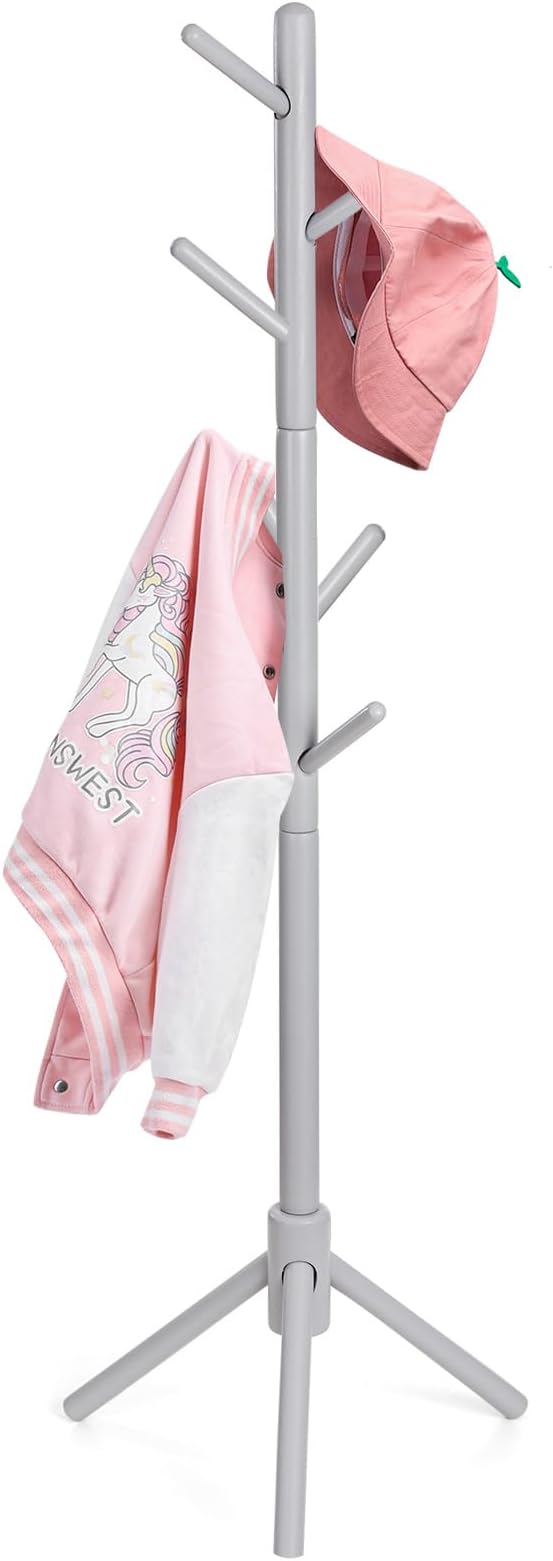 Cozivolife Kid's Coat Rack Stand: Height Adjustable with 9 Hooks (Grey) | Beech Wood Coats Tree for Cloth Hats and Handbags - Freestanding Child Clothes Racks for Hallway Entryway Bedroom