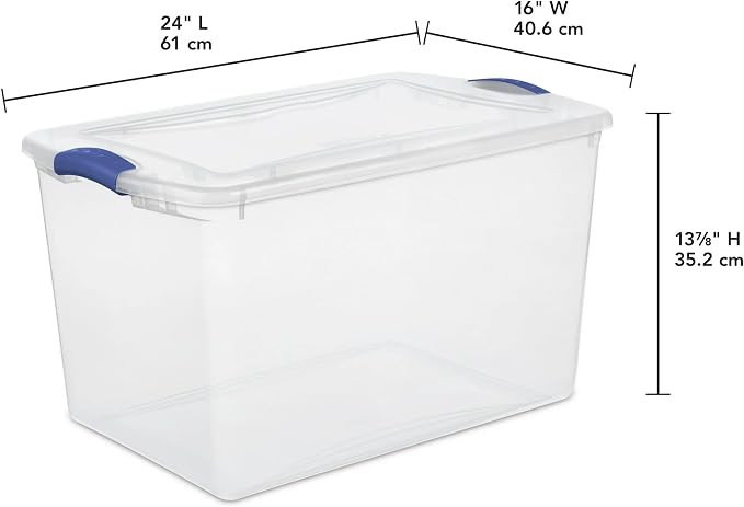 Large Storage Bin with Latch Lid (4 Pack) – 66 Quart Clear Plastic Storage Container, Blue Latches, Stackable Bins for Home Organization