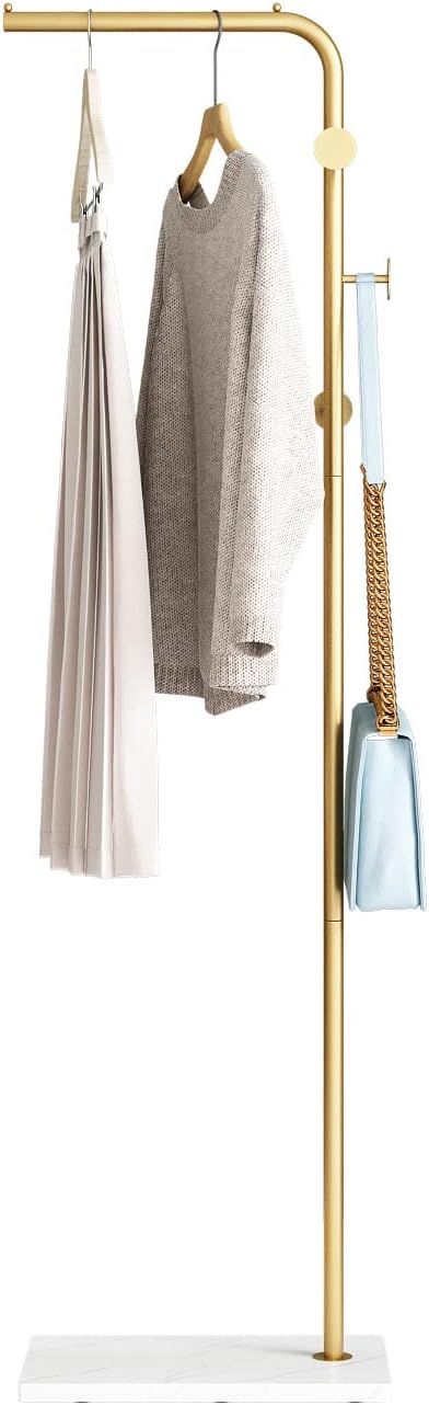 Gold Coat Racks with 3 Hooks, L Shape Coat Hanger Entryway, Freestanding | Metal, Heavy Duty Marble Base, Modern Coat Tree