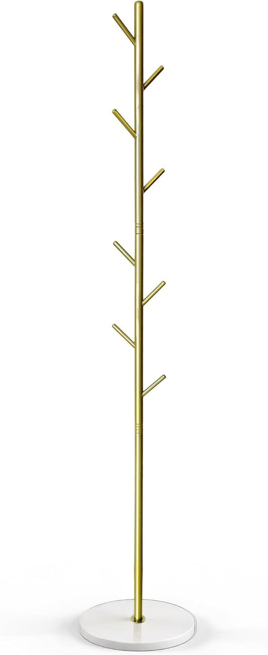 Coat Rack with Real Marble Base, Freestanding Metal Clothing Rack with 8 Hooks, Modern Hall Tree for Entryway, Bedroom & Office, Space Saving Coat Hanger Stand for Small Spaces (Gold)