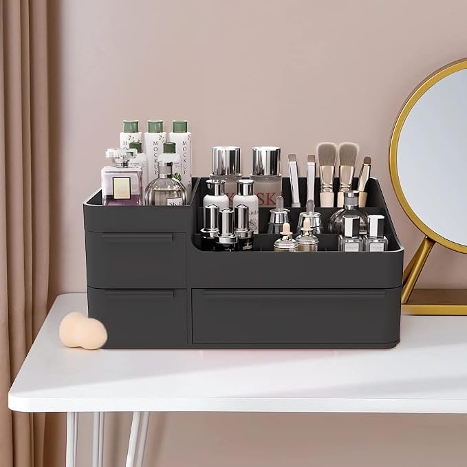 Makeup Organizer for Vanity, Bathroom Countertop Storage Display Boxes Case,Stackable Cosmetic Holder for Jewelry Hair Accessories Beauty Skincare Product Organizing with drawer organizer tray, Black | Skincare Perfume Vologne Organizer with Drawers fo...