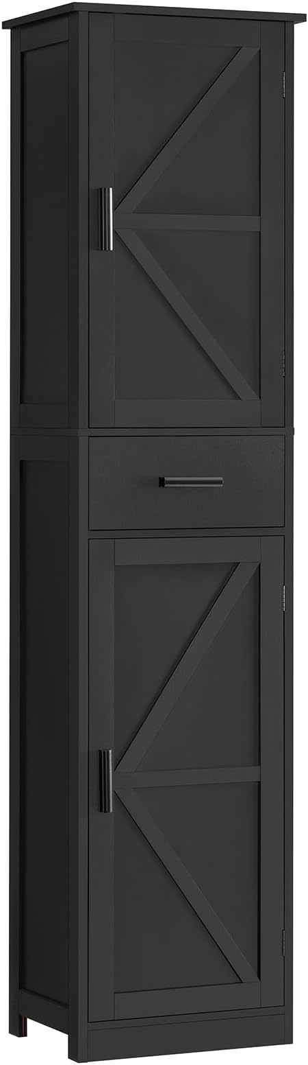 TEENFON Tall Bathroom Cabinet, Storage Cabinet with 6 Shelves & Drawer, Bathroom Storage Cabinet with Adjustable Shelves, Tall Cabinet for Living Room, Home Office, Black