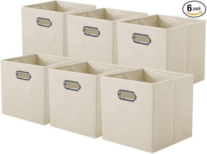 ShellKingdom Storage Bins, Foldable Fabric Storage Cubes with Metal Handle | Cloth Storage Organizer Drawer For Closet And Toys, 11 X 10.5 X 10.5 INCH, 6 Pack (Beige)