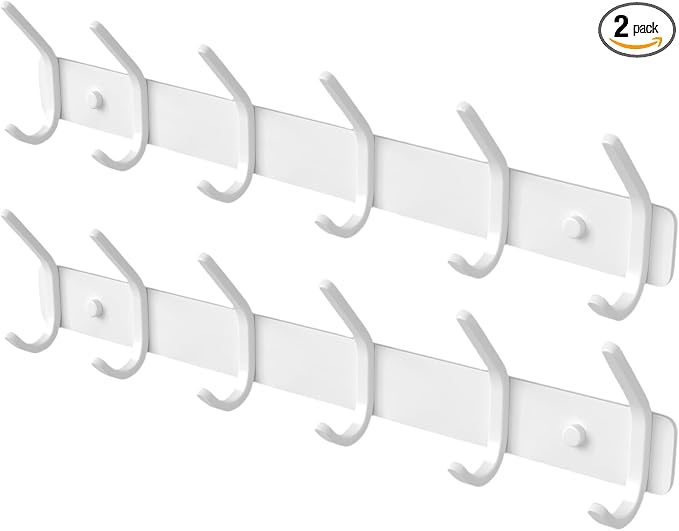 Coat Rack Wall Mount Hooks - 15 Inch White Metal 6-Hook Rack(2 Pack) | Modern Kids Room, Entryway & Bathroom Hanger for Towels, Coats, Purses, Bags