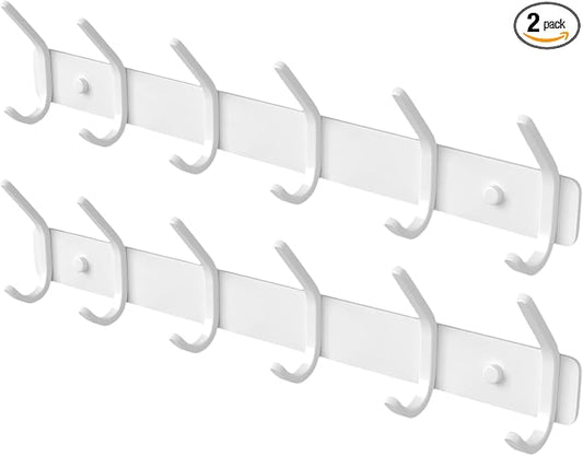 Coat Rack Wall Mount Hooks - 15 Inch White Metal 6-Hook Rack(2 Pack) | Modern Kids Room, Entryway & Bathroom Hanger for Towels, Coats, Purses, Bags