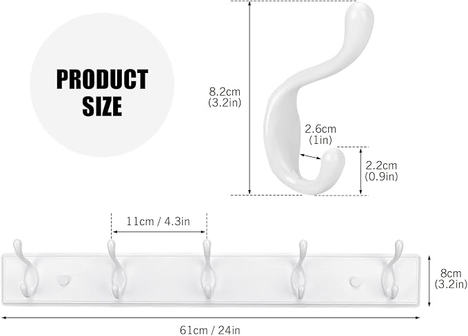 Badiano Wooden Coat Rack, Wall-Mounted Organizer for Closet, Entryway, Hallway, Foyer, Bedroom, Heavy Duty Double Hooks for Hanging Towels, Bags, Hats, Jackets, Key (White, 5 Hooks)