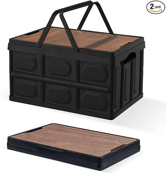 2 PCS Collapsible Storage Bins Box with Lids and Handle, 30L 8Gal Portable Storage Crate Containers Totes, Instacrate Stackable Foldable Camping Basket Supplies for Fishing Car RV, Office (Black)