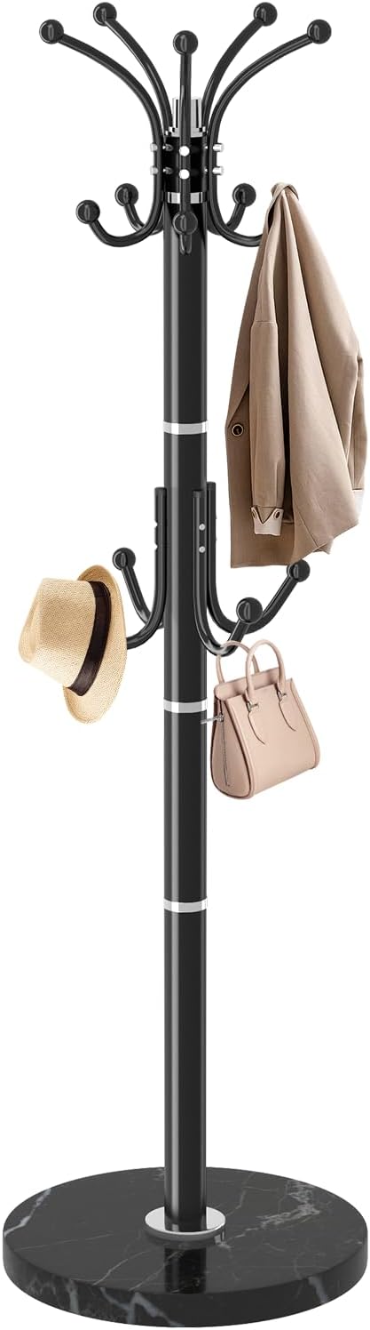 Modern Coat Rack Stand, 360° Rotary Metal Freestanding Coat Rack with Natural Marble Base, White Coat Racks and Coat Hanger Tree Jacket Stand with 14 Hooks for Office, Entryway, Hallway