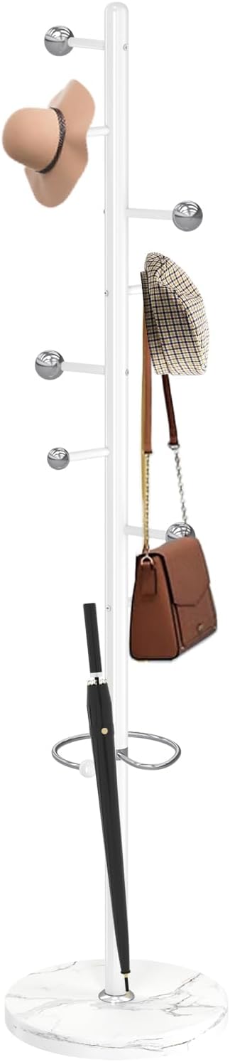 Coat Rack Stand, White Metal Coat Rack Freestanding with 8 Hooks | Coat Rack with Natural Marble Base,Modern Coat Hanger Stand, 3 Adjustable Coat Clothes Tree Stand for Office