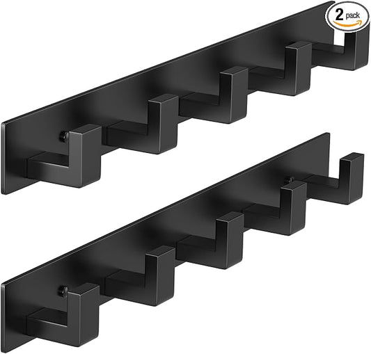PMMASTO Coat Rack Wall Mount, Coat Hooks Wall Hooks for Hanging, Stainless Steel Coat Hanger Towel Hooks for Bathrooms, Hat Rack (Black 5 Hooks, 2 Pack)
