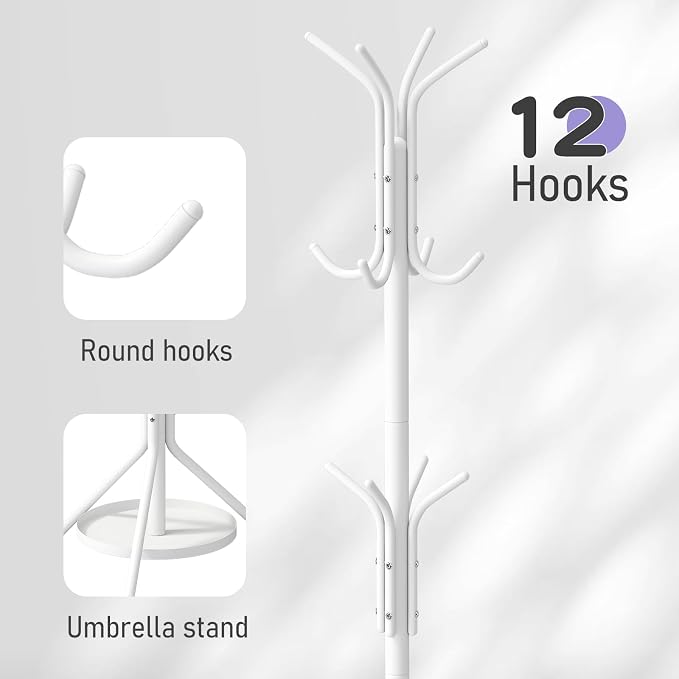 Coat Rack Freestanding Entryway Hanger Stand, Umbrella Holder, Hall Tree With 12 Hooks, Floor Standing Metal Tree Stand, White
