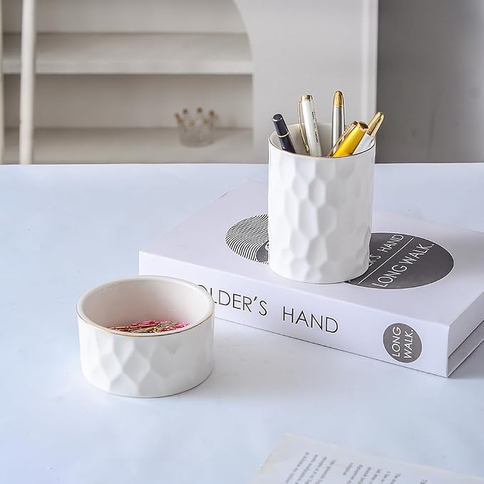 Aesthetic Desk Organizer Set of 2 For Office, Ceramic Pen Holder and Paper Clip Holder Dispenser, Cute Pencil Cup Pot for Desk, Desktop Accessories, Office Decor for women men Ideal Gifts (White Set)