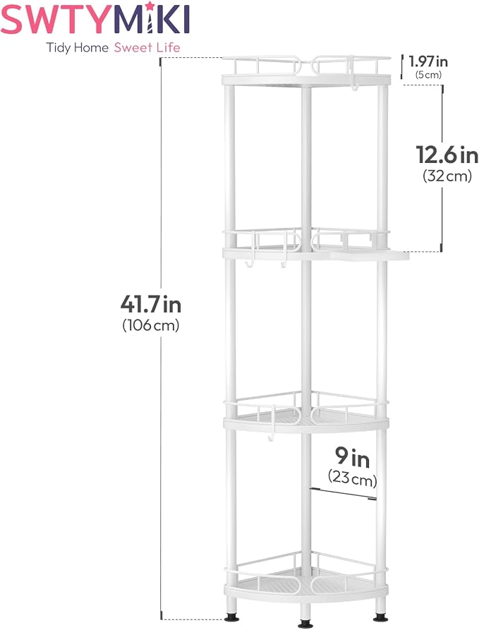 SWTYMIKI Corner Shower Caddy Standing - 4 Tier Stainless Steel Shower Organizer Stand with 4 Hooks & Soap Holder, Rustproof Metal Standing Tall Floor Shower Shelf and Bathroom Organizer, White