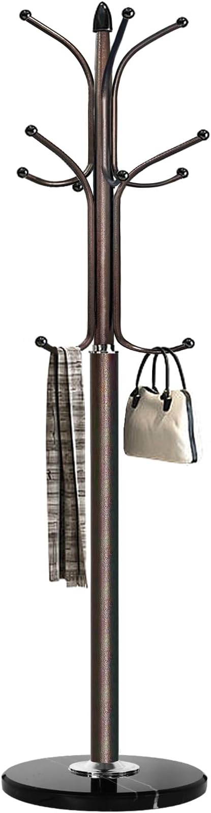 Kertnic Freestanding Coat Rack Stand, Heavy Duty Metal Hall Tree with 12 Hooks, 70 Inch Tall Stable Coat Hanger with 14.6" Natural Marble Base, Entryway Organizer for Coats Bags Hats Purses (Bronze)