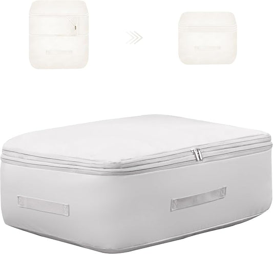Ultra Space Saving Self Compression Organizer, Comforter Storage Bag for Clothes, Blankets, Pillows, Duvet, Comforters, Bedding Sets and Much More (Gray,L - 54 * 42 * 30cm)