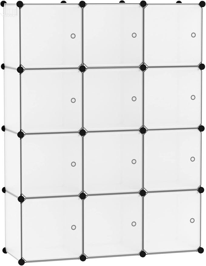 C&AHOME 12-Cube Storage Organizer with Door Cube Shelf Closet Cabinet White | DIY Plastic Modular Bookshelf, Stackable Clothes Storage Shelving Ideal for Home, Bedroom, 36.6”L x 12.4”W x 48.4”H