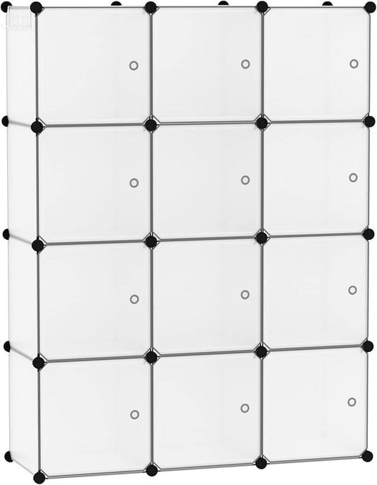 C&AHOME 12-Cube Storage Organizer with Door Cube Shelf Closet Cabinet White | DIY Plastic Modular Bookshelf, Stackable Clothes Storage Shelving Ideal for Home, Bedroom, 36.6”L x 12.4”W x 48.4”H