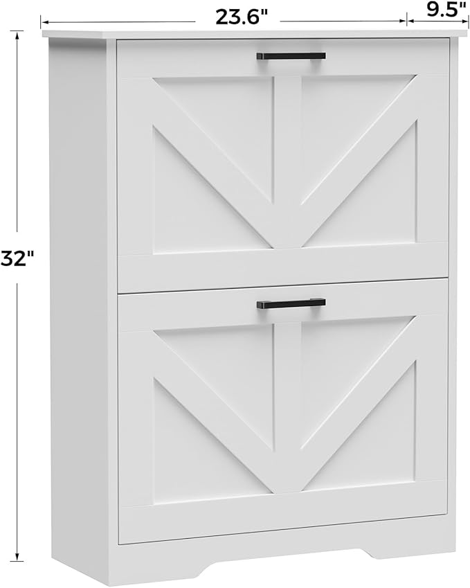 Homleke Farmhouse Shoe Cabinet for Entryway, 2 Barn-Style Flip Drawers | Narrow Shoe Storage Organizer, Top Display Shelf, Adjustable Shelves, Shoe Rack, for Hallway Closet, 24" Wide, White