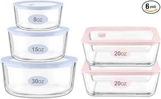 Glass Food Container Set with Glass Lid, 5 Pack, Meal Prep Containers with Silicone Framed Airtight Lid, Leakproof, 100% Plastic Free