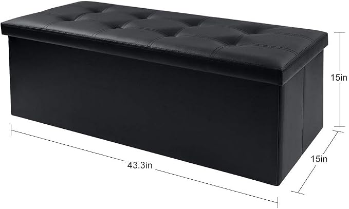 Camabel 43 Inch Folding Storage Ottoman Bench 125L Hold up 700lbs Ottoman with Storage Chest Foam Seat Padded Foot Rest Stool Faux Leather Bedroom Bench with Storage Coffee Table Black