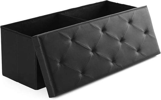 Sweetcrispy 43 Inch Storage Ottoman Bench, Folding Ottoman with Storage | Foot Rest Stool with Padded Seat, End of Bed Storage Bench for Living Room, Bedroom, Loads 660 LBS, Synthetic Leather, Black