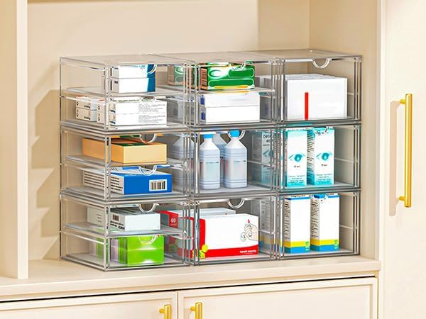 caktraie 4-Pack Acrylic 6-Drawer Office & Makeup Storage Organizer,Desk | Smooth-glide drawers, clear body, dustproof, wipe clean, for stationery, lipsticks, blush palettes, hair clips, sticky notes