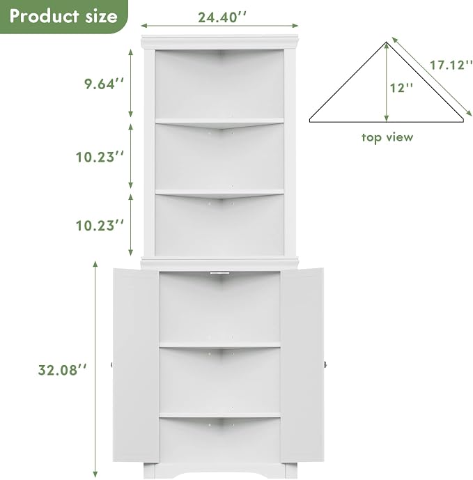 YESHOMY Corner Cabinet, Storage Cupboard with Doors | Tall Storage Cabinet with Adjustable Shelves, for Living Room, Bathroom, Kitchen, Warm White