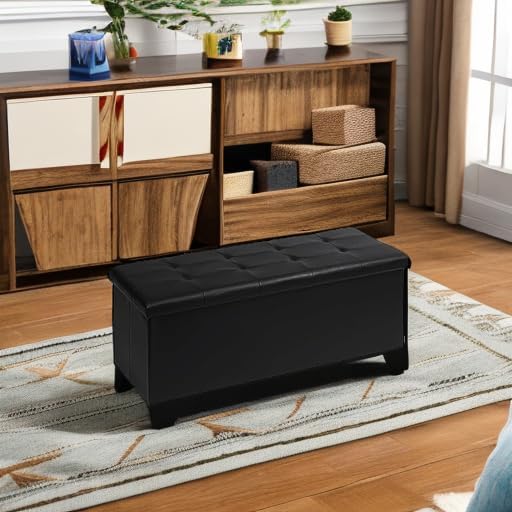 PINPLUS Folding Storage Ottoman Bench, Black Faux Leather Long Ottoman Chest, Footrest Seat, Blanket Storage for Living Room Bedroom Office Hallway, 43.3"x15"x15"