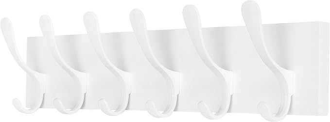 SKOLOO Coat Rack Wall Mount - Wooden White Wall Coat Hook, Wall Coat Hanger Rack with 6 Hooks for Hanging Coats, Hats, Clothing, Scarfs, White