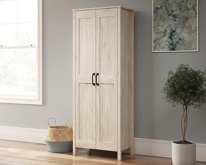 Sauder 2-Door Storage Cabinet, Tall Wooden Organizer, in a Chalk Oak Finish