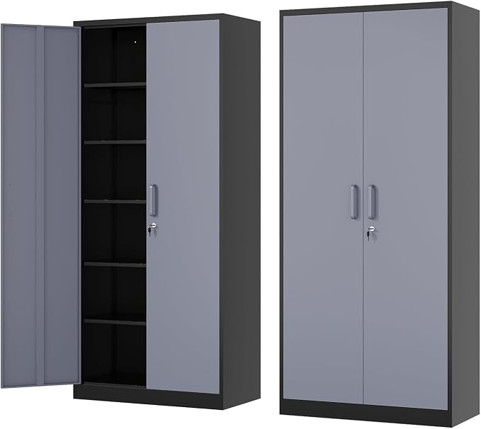 Fesbos Metal Storage Cabinet-72” Tall Steel File Cabinets with Lockable Doors and 5 Adjustable Shelves-Black&Gray Steel Storage Cabinet for Home, School, Office, Garage