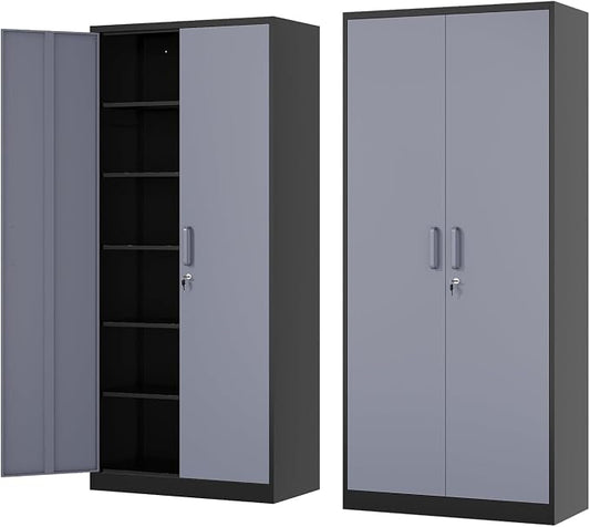 Fesbos Metal Storage Cabinet-72” Tall Steel File Cabinets with Lockable Doors and 5 Adjustable Shelves-Black&Gray Steel Storage Cabinet for Home, School, Office, Garage