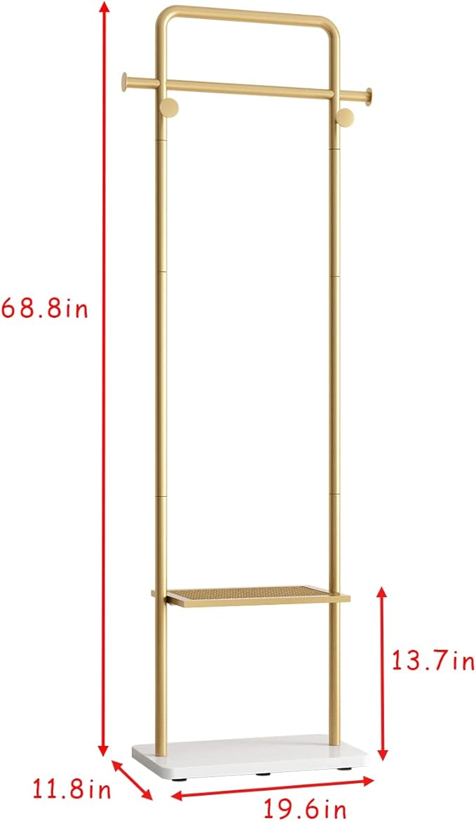 TIEOU Gold Clothes Racks with Shelf, Heavy Duty Gold Clothing Racks for Boutiques, Free-Standing Metal Garment Rack for Hanging Clothes, Modern Coat Rack Entryway(2 tier)