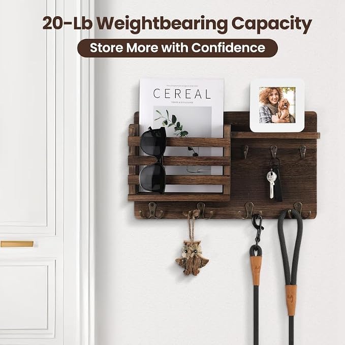 Nekon Mail Holder for Wall Mail Organizer with Key Hooks Hallway Farmhouse Decor Storage Racks with Floating Shelf and Flush Mount Hardware (16.8Inch x 10Inch x 3.2Inch)
