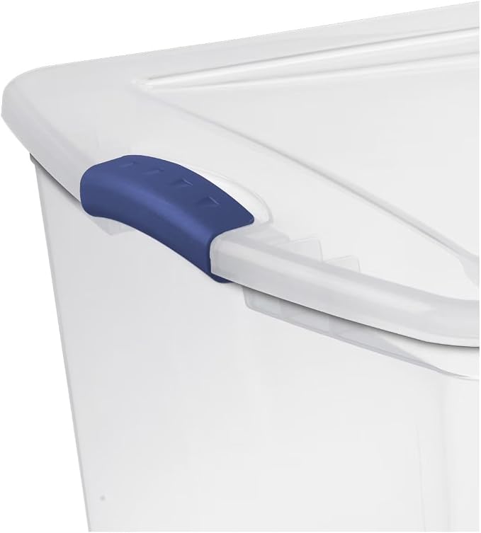 105 Quart Clear Plastic Latching Storage Bin with Latch Lid, Blue | Stackable Design, Secure Color Latches, 32x19x14 cm External, Seasonal & Gear Storage, Compatible with 66-Qt Lid