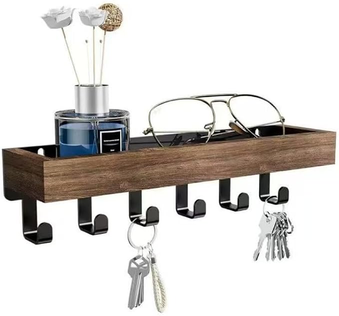 Wall Mount Key Holder with Shelf - Decorative Mail Organizer and Key Hooks for Entryway, Paulownia Wood with Mounting Hardware (9.64”W x 2.36”H x 2.75”L)
